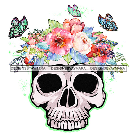 Skull Skullhead Butterflies Pink And White  Flowers Headpiece Headband JPG PNG  Clipart Cricut Silhouette Cut Cutting