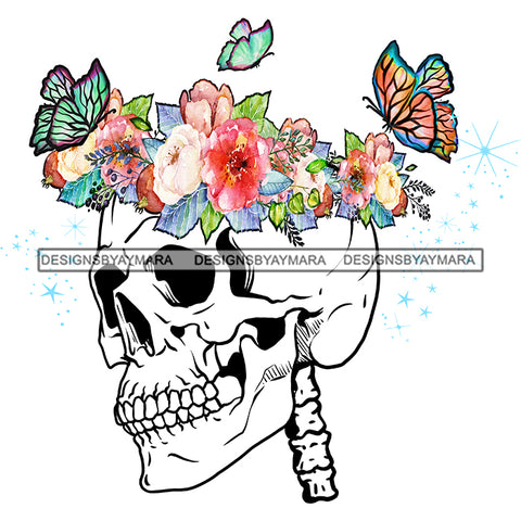 Skull Art Skeleton Head Butterflies Pink And White  Flowers Headpiece Headband JPG PNG  Clipart Cricut Silhouette Cut Cutting