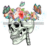 Skull Skull Art Skeleton Head Butterflies Pink And White  Flowers Headpiece Headband JPG PNG  Clipart Cricut Silhouette Cut Cutting