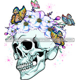 Skull Head Skeleton Butterflies Pink And White  Flowers Headpiece Headband JPG PNG  Clipart Cricut Silhouette Cut Cutting