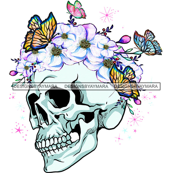 Skull Head Skeleton Butterflies Pink And White  Flowers Headpiece Headband JPG PNG  Clipart Cricut Silhouette Cut Cutting