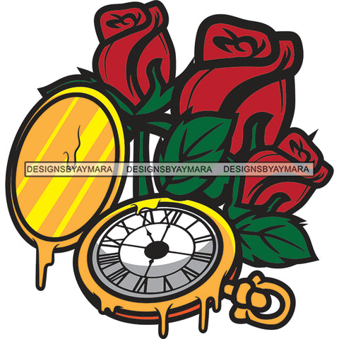 Clock Melting Vintage Time Minutes Hour Deadline Alarm Circle Red Roses SVG PNG JPG Cut Files For Silhouette Cricut and More!