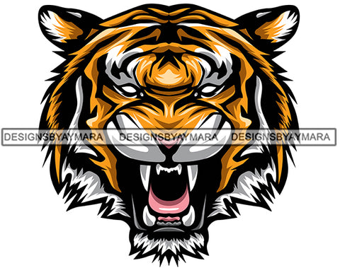 Tiger Head Growling Bengal Danger Power Aggressive Wild Animal Mammal Wildlife SVG PNG JPG Cut Files For Silhouette Cricut and More!