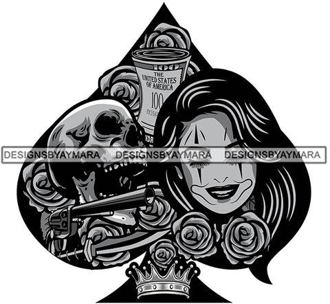 Spade Skull Woman Dead Gambling Gambler Casino Money Roll Gun Crown Rosses Jocker Woman SVG PNG JPG Cut Files For Silhouette Cricut and More!