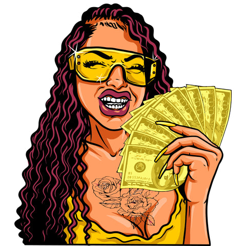 Afro Woman Wearing Sunglass Smile Face Vector Holding Money Curly Long Hair Design Element Close Eye Dimond Teeth White Background SVG JPG PNG Vector Clipart Cricut Cutting Files