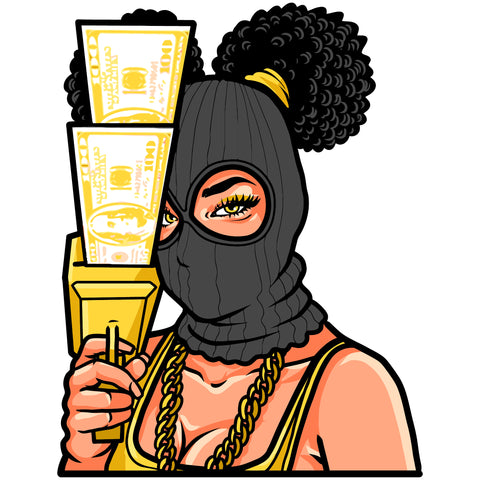 Afro Woman Wearing Musk Afro Hair Style Vector Afro Woman Holding Money Gun Design Element White Background SVG JPG PNG Vector Clipart Cricut Cutting Files