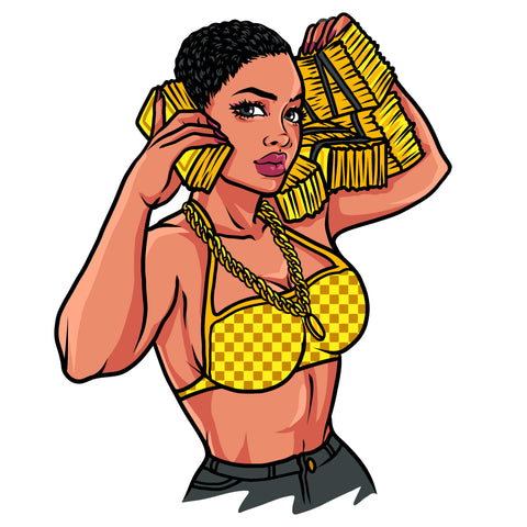 Afro Woman Holding Money Bundle Vector Wearing Bikini And Chain Short Hair Design Element Fitness Woman White Background SVG JPG PNG Vector Clipart Cricut Cutting Files