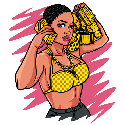 Afro Woman Holding Money Bundle Vector  Artwork Background Wearing Bikini And Chain Short Hair Design Element Fitness Woman SVG JPG PNG Vector Clipart Cricut Cutting Files