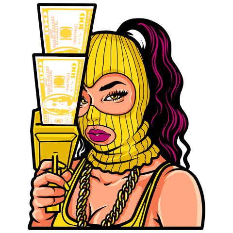 Afro Woman Long Curly Hair Wearing Musk Vector African Woman Holding Money Gun Design Element Sexy Girl White Background SVG JPG PNG Vector Clipart Cricut Cutting Files