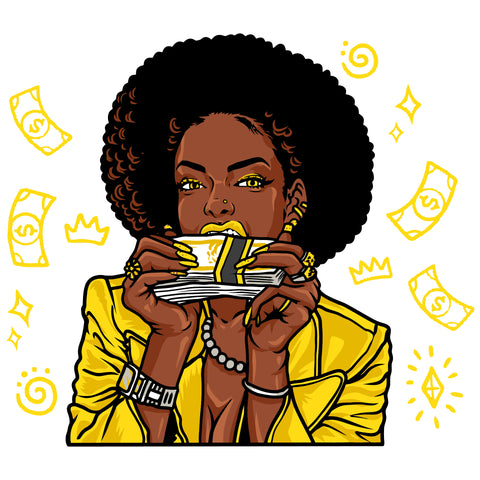 Afro Woman Holding Money Bundle Vector Bite Bundle Money Afro Hair Style Crown And Dollar Symbol Background Design Element SVG JPG PNG Vector Clipart Cricut Cutting Files