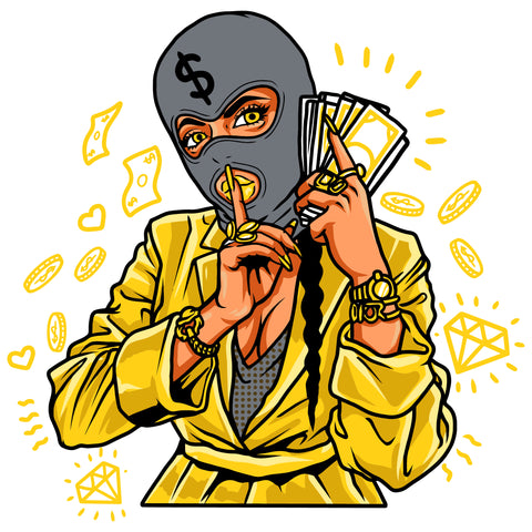 Jordan Cool Yellow Woman Holding Money Vector Afro Woman Wearing Musk Shut Up Hand Sign White Background Design Element SVG JPG PNG Vector Clipart Cricut Cutting Files