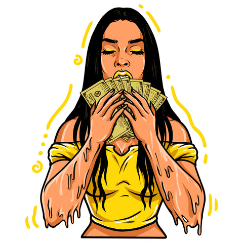 Afro Woman Kiss On Money Vector African Woman Skin Color Dripping Long Hair Design Element White Background Close Eyes SVG JPG PNG Vector Clipart Cricut Cutting Files