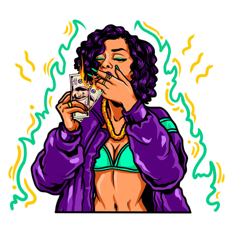 African American Woman Holding Money Black Girl Curly Hair Melanin Nubian Girl Fire On Money Magic Ski Mask Gangster SVG JPG PNG Vector Clipart Cricut Cutting Files