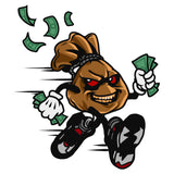 Funny Cartoon Money Bag Character Holding Money And Running Flying Money On Background Character Smile Face Red Eyes White Background SVG JPG PNG Vector Clipart Cricut Cutting Files