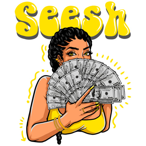 Seesh Quote Afro Woman Holding Money Use Hand Fan Vector Face Hide Design Element African Beautiful Woman Long Hair SVG JPG PNG Vector Clipart Cricut Cutting Files