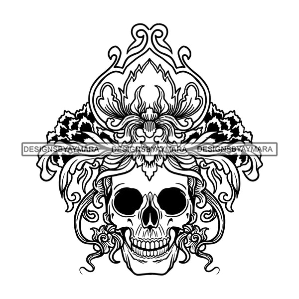 Skull Face Flowers Skeleton Death Dead Tattoo Ideas Vector Designs For T-Shirt and Other Products SVG PNG JPG Cut Files For Silhouette Cricut and More!