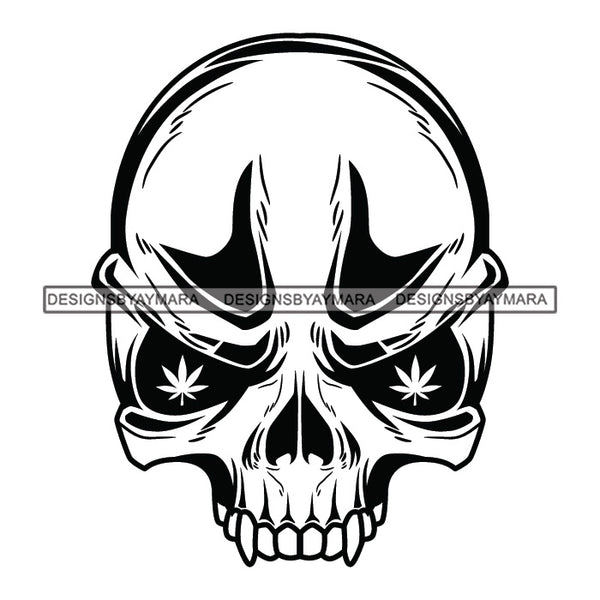 Skull Marijuana Leaves Eyes Cannabis Recreational Medicinal Drug B/W SVG JPG PNG Vector Clipart Cricut Silhouette Cut Cutting
