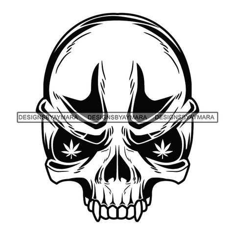 Skull Marijuana Leaves Eyes Cannabis Recreational Medicinal Drug B/W SVG JPG PNG Vector Clipart Cricut Silhouette Cut Cutting