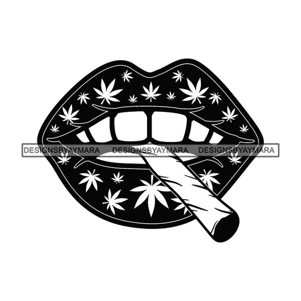 Sexy Lips Marijuana Leaves Tattoo Smoking Blunt Cannabis Medicinal Drug B/W SVG JPG PNG Vector Clipart Cricut Silhouette Cut Cutting