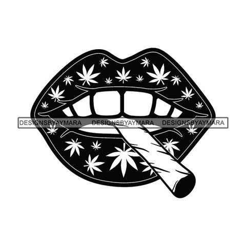 Sexy Lips Marijuana Leaves Tattoo Smoking Blunt Cannabis Medicinal Drug B/W SVG JPG PNG Vector Clipart Cricut Silhouette Cut Cutting