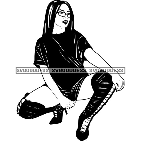 Afro Woman Confident Sexy Babe Glasses Shoulder Length Straight Hairstyle B/W SVG JPG PNG Vector Clipart Cricut Silhouette Cut Cutting