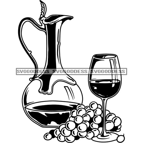 Wine Grapes Symbol Glass Drink Valentine Romantic Celebration Vintage Decoration B/W SVG JPG PNG Vector Clipart Cricut Silhouette Cut Cutting