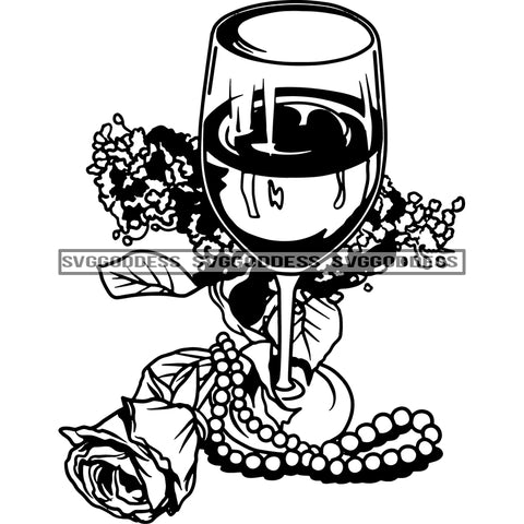 Wine Rose Pearls Symbol Glass Drink Valentine Romantic Flower Vintage Decoration B/W SVG JPG PNG Vector Clipart Cricut Silhouette Cut Cutting