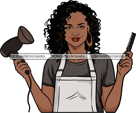 Afro Woman Hair Stylist Beauty Salon Hair Dresser Apron Cosmetic Combs Curly Hair Style SVG Cutting Files For Silhouette and Cricut