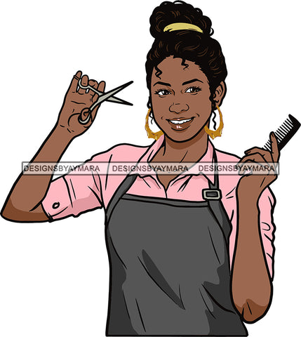 Afro Woman Hair Stylist Beauty Salon Hair Dresser Cosmetic Apron Combs Bun Hair Style SVG Cutting Files For Silhouette and Cricut