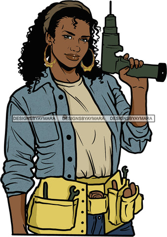 Afro Black Handy Woman Carpenter Apron Drill Bamboo Earrings Curly Hair Style SVG Cutting Files For Silhouette and Cricut