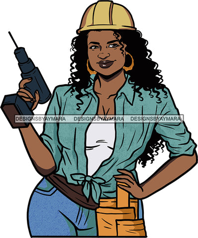 Afro Black Handy Woman Carpenter Apron Drill Hard Hat Bamboo Earrings Curly Hair Style SVG Cutting Files For Silhouette and Cricut