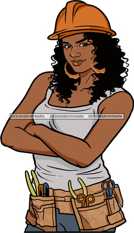 Afro Black Handy Woman Carpenter Apron Hard Hat Bamboo Earrings Curly Hair Style SVG Cutting Files For Silhouette and Cricut