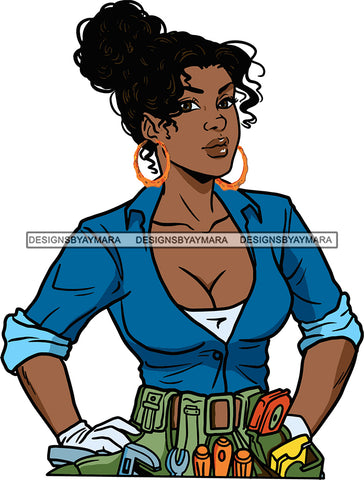 Afro Black Handy Woman Apron Sexy Cleavage Bamboo Earrings Bun Hair Style SVG Cutting Files For Silhouette and Cricut