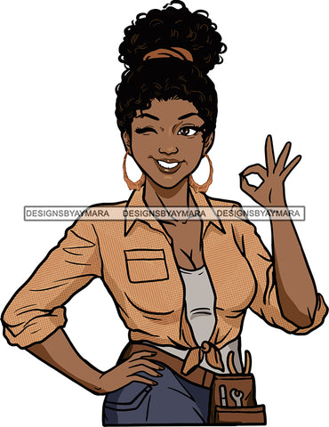 Afro Black Handy Woman Sexy Apron Bamboo Earrings Wink Bun Hair Style SVG Cutting Files For Silhouette and Cricut