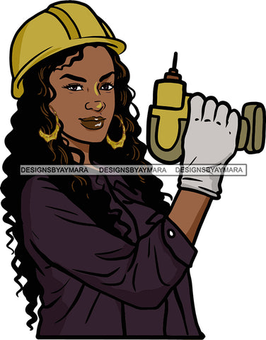 Afro Black Handy Woman Carpenter Apron Drill Bamboo Earrings  Long Curly Hair Style SVG Cutting Files For Silhouette and Cricut