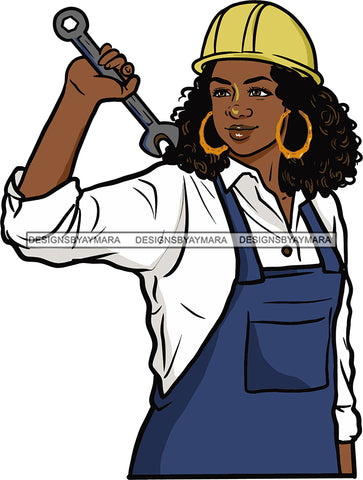 Afro Black Handy Woman  Apron Hard Hat Bamboo Earrings Curly Hair Style SVG Cutting Files For Silhouette and Cricut