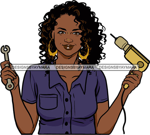 Afro Black Handy Woman Carpenter Drill Bamboo Earrings Curly Hair Style SVG Cutting Files For Silhouette and Cricut