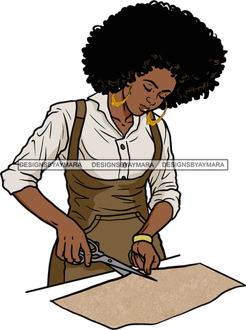 Afro Black Woman Seamstress Tailor Dressmaker Clothier Scissors Worker Bamboo Hoop Earrings Afro Hair Style SVG Cutting Files For Silhouette and Cricut