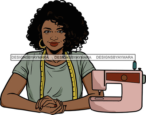 Afro Black Woman Seamstress Tailor Dressmaker Clothier Scissors Worker Bamboo Hoop Earrings Afro Hair Style SVG Cutting Files For Silhouette and Cricut