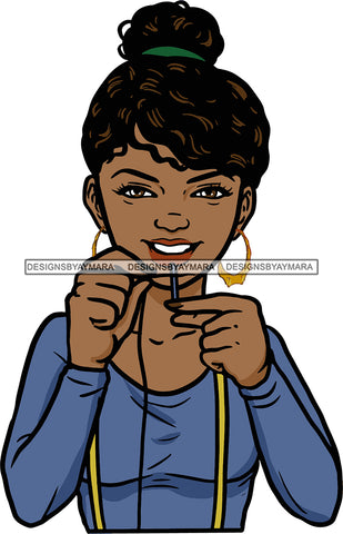 Afro Black Woman Seamstress Tailor Dressmaker Clothier Worker Bamboo Hoop Earrings Up Do Hair Style SVG Cutting Files For Silhouette and Cricut