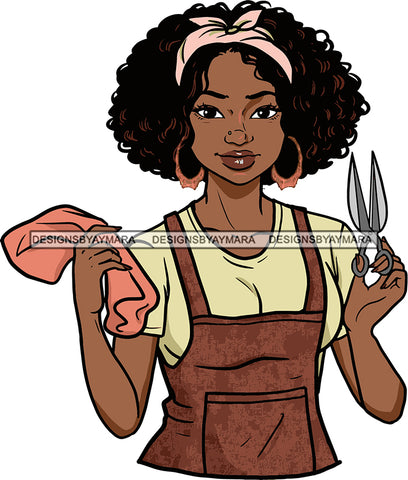 Afro Black Woman Seamstress Tailor Dressmaker Clothier Scissors Worker Bamboo Hoop Earrings Afro Hair Style SVG Cutting Files For Silhouette and Cricut