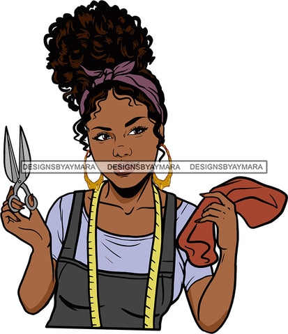 Afro Black Woman Seamstress Tailor Dressmaker Clothier Scissors Worker Bamboo Hoop Earrings Up Do Hair Style SVG Cutting Files For Silhouette and Cricut