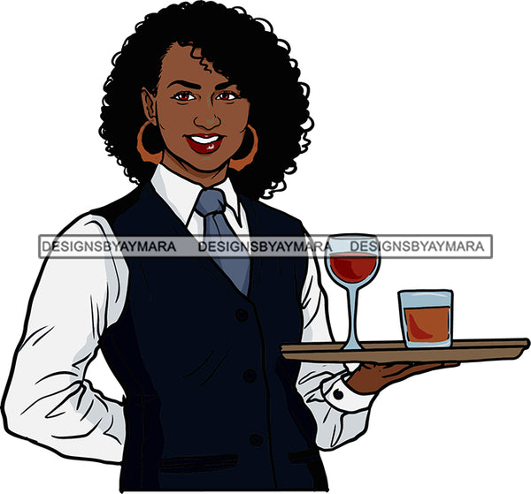 Afro Black Woman Cocktail Waitress Server Beverage Food Service Bamboo Hoop Earrings Afro Hair Style SVG Cutting Files For Silhouette and Cricut