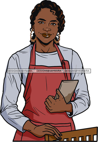 Afro Black Woman Cocktail Waitress Server Beverage Food Service Bamboo Hoop Earrings Curly Hair Style SVG Cutting Files For Silhouette and Cricut