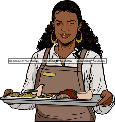 Afro Black Woman Cocktail Waitress Server Beverage Food Service Bamboo Hoop Earrings Afro Hair Style SVG Cutting Files For Silhouette and Cricut