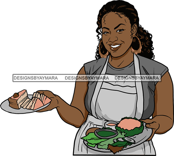 Afro Black Woman Cocktail Waitress Server Beverage Food Service Bamboo Hoop Earrings Afro Hair Style SVG Cutting Files For Silhouette and Cricut