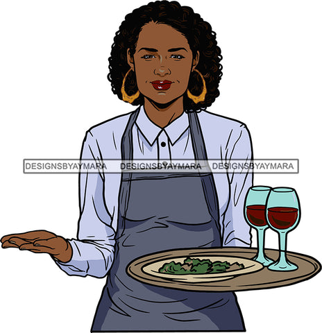 Afro Black Woman Cocktail Waitress Server Beverage Food Service Bamboo Hoop Earrings Afro Hair Style SVG Cutting Files For Silhouette and Cricut