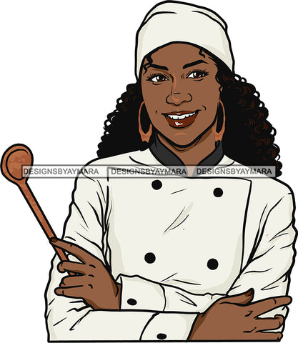 Afro Chef Woman Toque Hat Bamboo Earrings Culinary Gourmet Food Occupation Curly Hair Style SVG Cutting Files For Silhouette Cricut and More