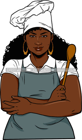 Afro Chef Woman Toque Hat Bamboo Earrings Apron Culinary Gourmet Food Occupation Curly Hair Style SVG Cutting Files For Silhouette Cricut and More