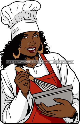 Afro Chef Woman Toque Hat Utensils  Apron Bamboo Earrings Culinary Gourmet Food Occupation Curly Hair Style SVG Cutting Files For Silhouette Cricut and More